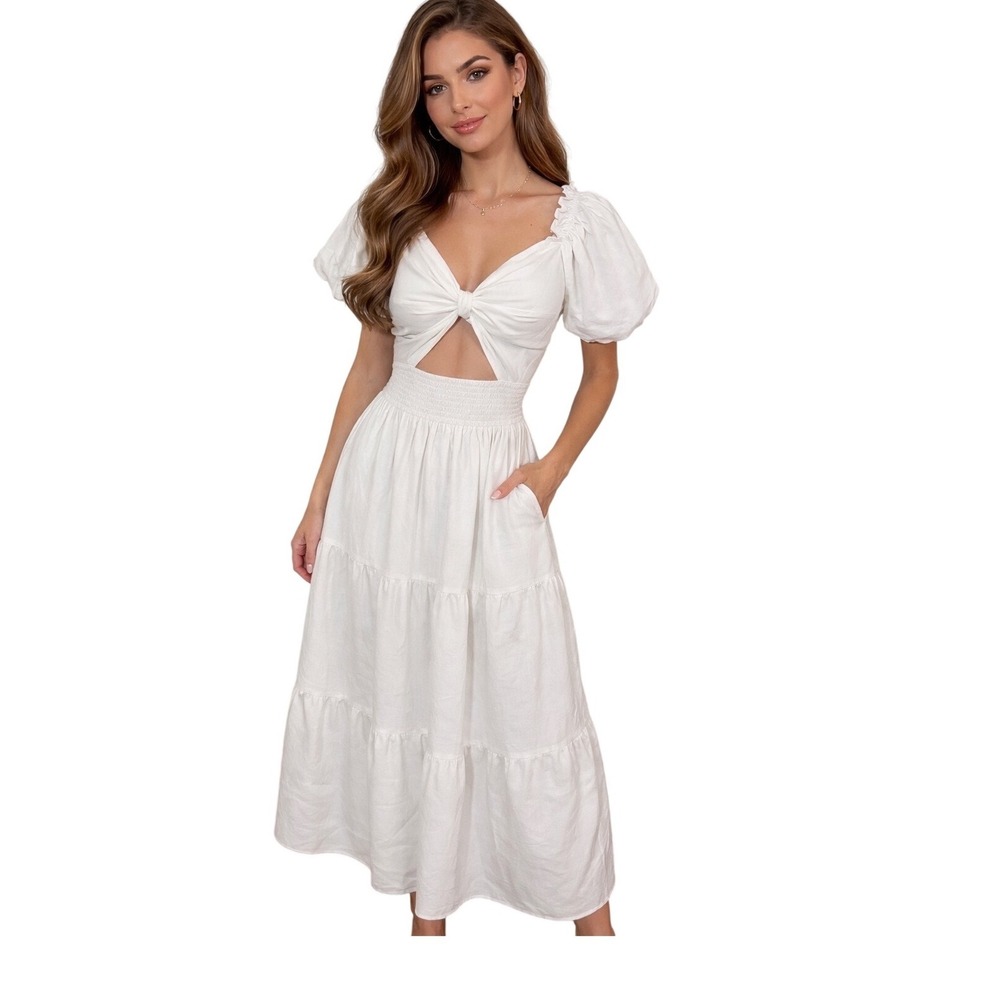 White Twist Front Cutout Puff Sleeve Dress Smocked